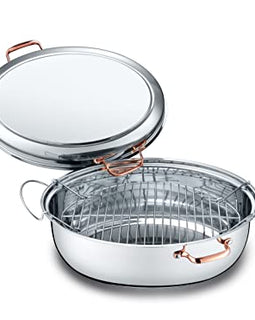 CONCORD Premium 12 Quart Stainless Steel Roasting Pan with Hangable Rack. Oval Turkey Roaster with Griddle Lid Multi-use Cookware