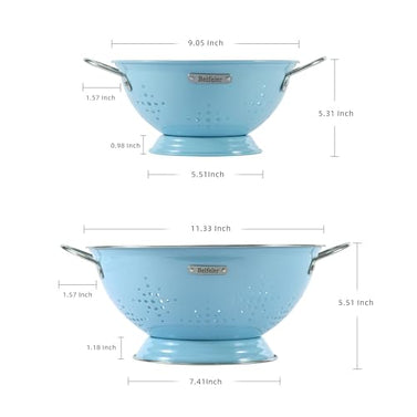 Metal Colander 2 Pack, Strainer Bowel with Handles 2Qt & 6Qt Powder Coated Solid Ring Base Heavey Duty Kitchen Drainer Basket for Pasta Veggies and Fruits,New Home Apartment Essentials (ArcticBlue)