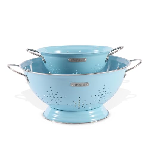 Metal Colander 2 Pack, Strainer Bowel with Handles 2Qt & 6Qt Powder Coated Solid Ring Base Heavey Duty Kitchen Drainer Basket for Pasta Veggies and Fruits,New Home Apartment Essentials (ArcticBlue)