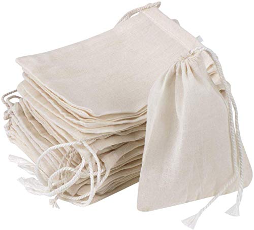 20 Pcs Muslin Drawstring Bags,Natural Unbleached Cotton Straining Herbs Cheesecloth Bags, Coffee Tea Brew Bags, Soup Gravy Broth Stew Bags, Bone Broth Brew Bags,Spice Bags, 4 x 3 Inches