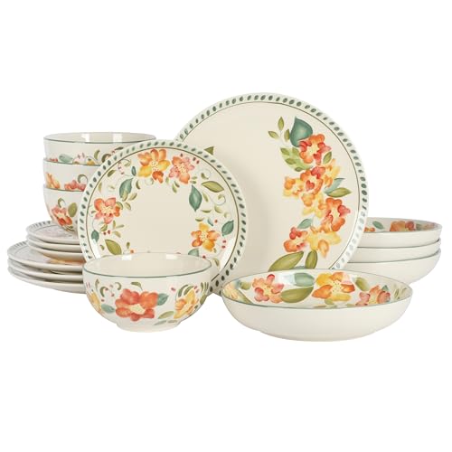 Cassia Bud 16 Piece Double Bowl Hand Painted Stoneware Plates and Bowls Floral Dinnerware Set