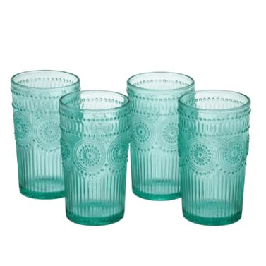 Pioneer Woman Adeline 16-Ounce Embossed Glass Tumblers, Set of 4, Clear (Blue)