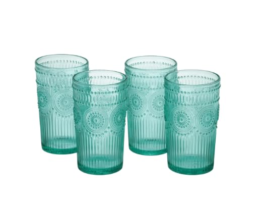 Pioneer Woman Adeline 16-Ounce Embossed Glass Tumblers, Set of 4, Clear (Blue)