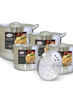 Alpine Cuisine Aluminum Steamer Stock Pot 12pc Set with Cooking Pot Lids 8, 12, 16, 20 Quart | Multi-Tier Steaming Capability | Ergonomically Designed Handles | Easy to Use & Effortless Clean