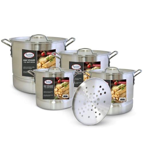 Alpine Cuisine Aluminum Steamer Stock Pot 12pc Set with Cooking Pot Lids 8, 12, 16, 20 Quart | Multi-Tier Steaming Capability | Ergonomically Designed Handles | Easy to Use & Effortless Clean