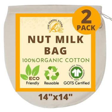 2024 NEW - 2 Pcs 14"x14" Nut Milk Bag - 100% Organic Unbleached Cotton Cheesecloth Bags/Food Strainer, Nut Milk Bag Reusable for Straining Oat Milk, Almond Milk, Cheese making, Celery Juice Nut Bag