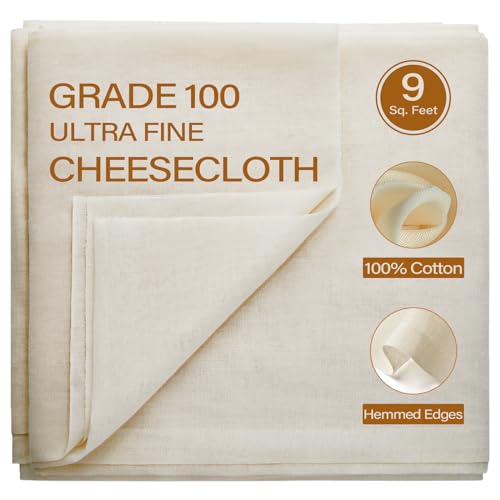 Cheesecloth, 9 Square Feet Grade 100 Cheese Cloths for Straining Reusable, Washable, Lint Free and Ultra Fine Mesh Unbleached Pure Cotton Cheese Cloths for Cooking with Hemmed 2 Edges (1 Yard)