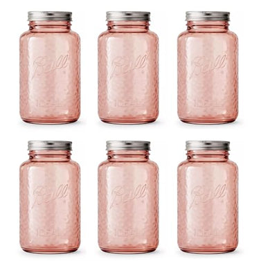 Ball Collectors Edition Vintage Rose Colored Canning Jars, Regular Mouth Quart Jars with Lids and Bands, 32 Oz Each, Pack of 6, 2166214-6PK