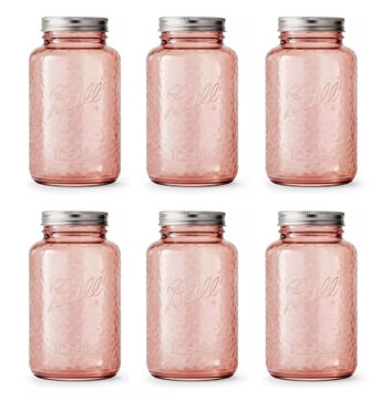 Ball Collectors Edition Vintage Rose Colored Canning Jars, Regular Mouth Quart Jars with Lids and Bands, 32 Oz Each, Pack of 6, 2166214-6PK