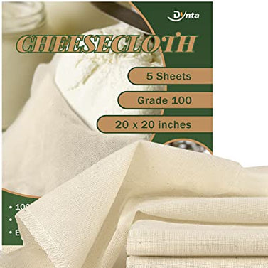 Cheesecloth for Straining Grade 100, 5 Pieces Reusable Hemmed Cheesecloth 20 x 20 Inches, 100% Unbleached Cotton Cheese Cloths for Straining, Filtering, Canning, Covering, Polishing and Decoration