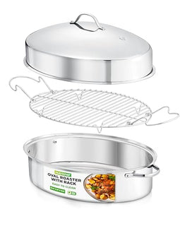 NutriChef 20" Oval Roasting Pan with Rack and Lid - Premium Stainless Steel Roaster Dish w/ Wide Handles & Removable Rack, Multi-Use Cookware for Turkey, Chicken, Stews, & More - Dishwasher Safe