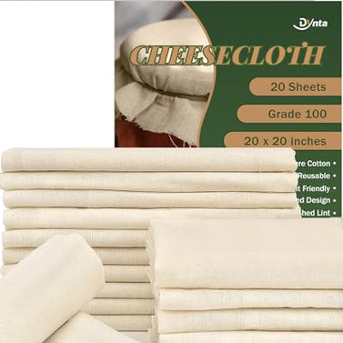 Cheesecloth for Straining Grade 100, 20 Pieces Reusable Hemmed Cheesecloth 20 x 20 Inches, 100% Unbleached Cotton Cheese Cloths for Straining, Filtering, Canning, Covering, Polishing and Decoration