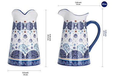 Bico Blue Talavera Ceramic 2.5 Quarts Pitcher with Handle, Decorative Vase for Flower Arrangements, Dishwasher Safe