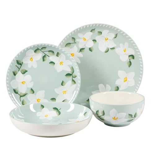 Oprah's Favorite Things - Magnolia Bloom 16 Piece Double Bowl Hand Painted Stoneware Plates and Bowls Floral Dinnerware Set