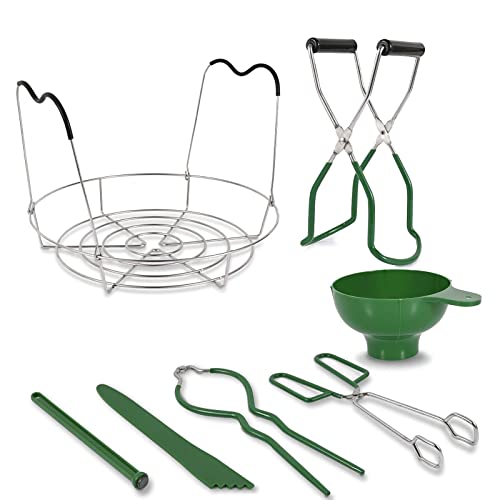 7 in 1 Canning Kit Include Steamer Rack,Canning Funnel,Jar Lifter,Wrench, Tongs,Lid Lifter/Bubble Remover Tool.Suitable for Easy Learning and Making of Household Mason Canning (Green)