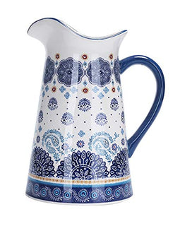 Bico Blue Talavera Ceramic 2.5 Quarts Pitcher with Handle, Decorative Vase for Flower Arrangements, Dishwasher Safe