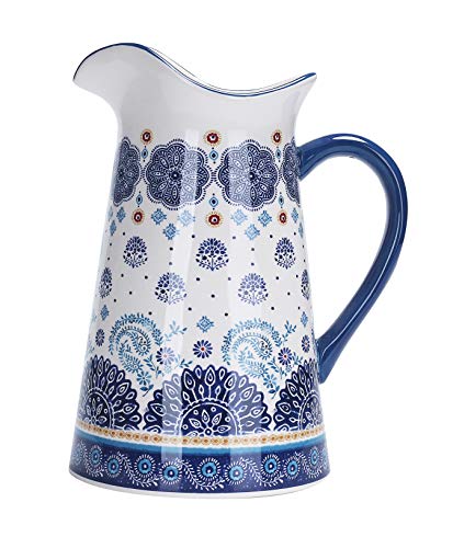 Bico Blue Talavera Ceramic 2.5 Quarts Pitcher with Handle, Decorative Vase for Flower Arrangements, Dishwasher Safe