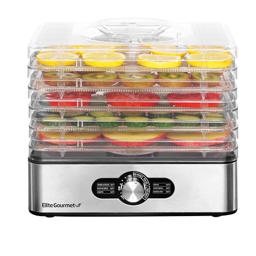 Elite Gourmet EFD3321X Food Dehydrator, Stainless Steel Trays Adjustable Temperature Controls, Jerky, Herbs, Fruit, Veggies, Dried Snacks, Stainless Steel