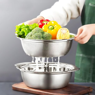 304 Stainless Steel Colander With Handle, 5-Quart Micro-Perforated Strainer Colander Set with Mixing Bowl, BPA Free, Great for Draining Cooked Pasta, Noodles,Vegetables, Fruits and Rice(2PC)