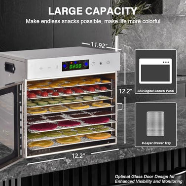 Food Dehydrator, 8 Stainless Steel Trays Dehydrators for Food and Jerky, Herbs, Fruit, Dehydrator Machine with Digital Timer and Temperature Control, Overheat Protection, Recipe Book Included