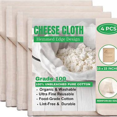 4 PCS Straining Cloth- Grade 100, 15x15 inch Hemmed, Unbleached,100% Cotton, Ultra Fine Reusable Muslin Cheesecloth for Straining, Cooking, Baking- tela para queso