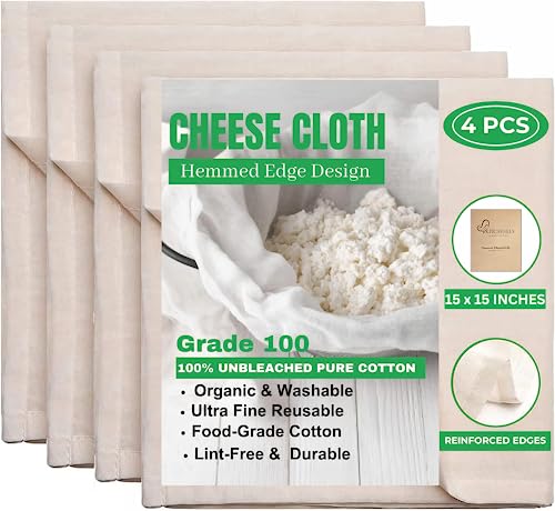 4 PCS Straining Cloth- Grade 100, 15x15 inch Hemmed, Unbleached,100% Cotton, Ultra Fine Reusable Muslin Cheesecloth for Straining, Cooking, Baking- tela para queso