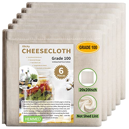 Cheesecloth, Grade 100, 20x20Inch Hemmed Cheese Cloths for Straining Reusable, 100% Unbleached Cheese Cloth for Cooking, Cheese Making - 6 PCS