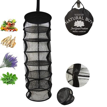 9 Inch 7 Level Micro Hanging Dry Net Indoor/Closet Drying Rack for Herbs, Organizer, Freshner - Black Mash Screen with Top-to-Bottom Zipper - Apartment Size with Zipped Storage Pouch