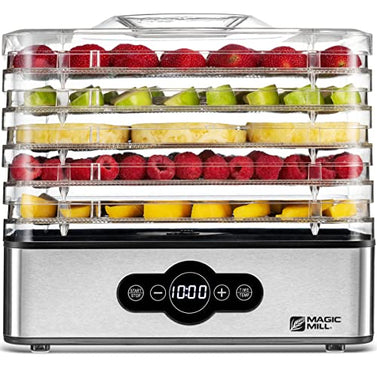 Magic Mill Food Dehydrator Machine | 5 Stackable Stainless Steel Trays Jerky Dryer with Digital Adjustable Timer & Temperature Control - Electric Food Preserver for Fruits, Veggies, Meats & Dog Treats