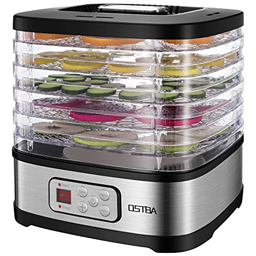 OSTBA Food Dehydrator Machine Adjustable Temperature & 72H Timer, 5-Tray Dehydrators for Food and Jerky, Fruit, Dog Treats, Herbs, Snacks, LED Display, 240W Electric Food Dryer, Recipe Book