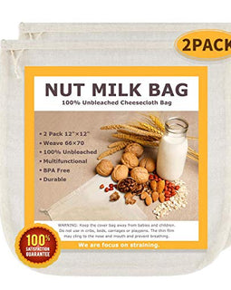 Nut Milk Bags, All Natural Cheesecloth Bags, 12"x12", 2 Pack, 100% Unbleached Cotton Cloth Bags for Tea/Yogurt/Juice/Wine/Soup/Herbs, Durable Washable Reusable Almond Milk Strainer(Weave 66x70)