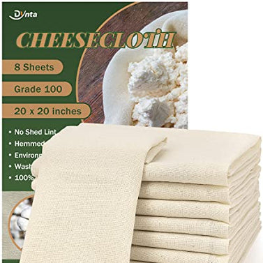 Cheesecloth for Straining Grade 100, 8 Pieces Reusable Hemmed Cheesecloth 20 x 20 Inches, 100% Unbleached Cotton Cheese Cloths for Straining, Filtering, Canning, Covering, Polishing and Decoration