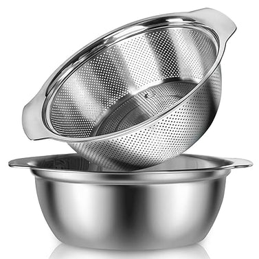 304 Stainless Steel Colander With Handle, 5-Quart Micro-Perforated Strainer Colander Set with Mixing Bowl, BPA Free, Great for Draining Cooked Pasta, Noodles,Vegetables, Fruits and Rice(2PC)