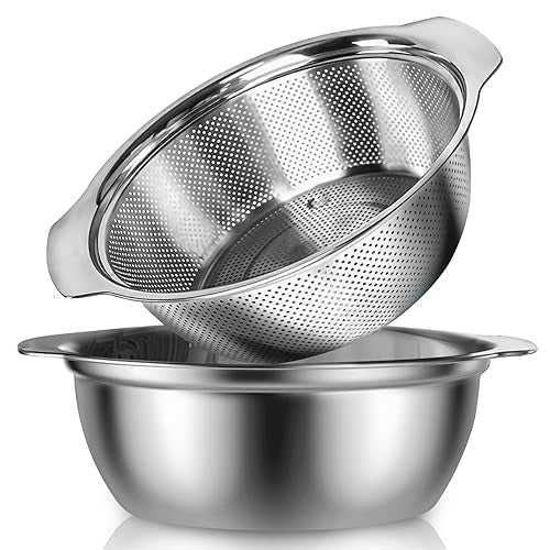 304 Stainless Steel Colander With Handle, 5-Quart Micro-Perforated Strainer Colander Set with Mixing Bowl, BPA Free, Great for Draining Cooked Pasta, Noodles,Vegetables, Fruits and Rice(2PC)