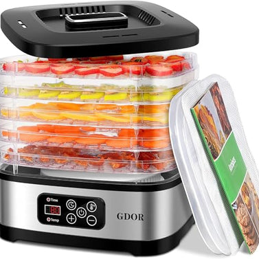 GDOR Food Dehydrator Machine with Adjustable Temperature & 72H Timer, 5-Tray Dehydrators for Food and Jerky, Fruit, Dog Treats, Herbs, Snacks, LED Display, 240W Electric Food Dryer, Recipe Book