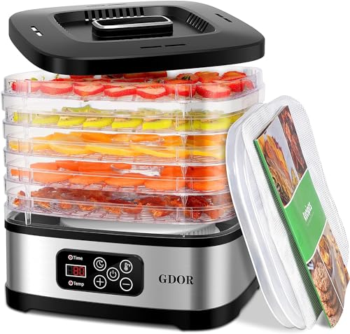 GDOR Food Dehydrator Machine with Adjustable Temperature & 72H Timer, 5-Tray Dehydrators for Food and Jerky, Fruit, Dog Treats, Herbs, Snacks, LED Display, 240W Electric Food Dryer, Recipe Book