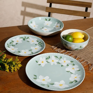 Oprah's Favorite Things - Magnolia Bloom 16 Piece Double Bowl Hand Painted Stoneware Plates and Bowls Floral Dinnerware Set