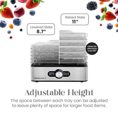 Elite Gourmet EFD3321X Food Dehydrator, Stainless Steel Trays Adjustable Temperature Controls, Jerky, Herbs, Fruit, Veggies, Dried Snacks, Stainless Steel