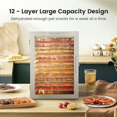 Food-Dehydrator Machine 12 Stainless Steel Trays, 800W Dehydrator for Herbs, Meat Dehydrator for Jerky,190ºF Temperature Control,24H Timer,Powerful Drying Capacity for Fruits,Veggies,Yogurt