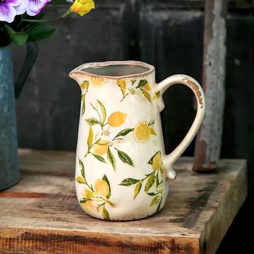 Floral Ceramic Pitcher Vase with Handle, French Farmhouse Rustic Style Home Decoration Lemon Pattern vase, Centerpiece Table Decoration Wedding Gift, Gift for Mother, Height 7'' (Lemon)