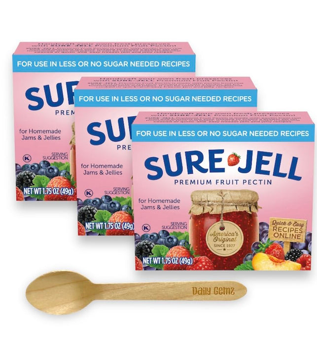 Sure Jell Low Sugar Pectin for Canning - Pack of 3, Sure Jell Fruit Pectin 1.75 oz Boxes for Low or No Sugar Jams, Jellies, and Preserves - Bundled with Daily Gemz Spoon