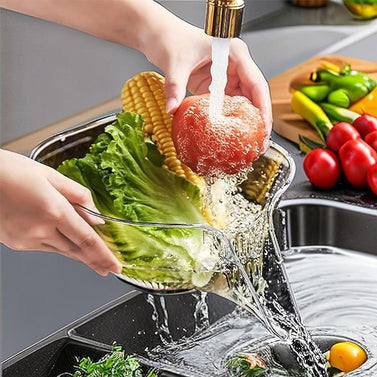 Multifunctional Drainer Basket - 2024 New Fruit Cleaning Bowl with Strainer Container, Kitchen Sink Food Collector Drainer Fruit Rinser Vegetable Wash Strainer Bowl (2PCS, Transparent + Gray)