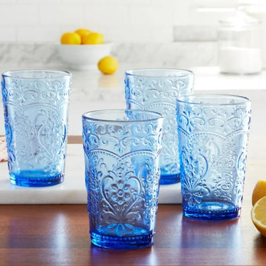 Pioneer Woman Amelia Tumbler 4-Piece Set – Vintage-Inspired Colored Glass Tumblers with Embossed Design Durable, Classic Glassware for Mojitos, Sweet Tea, and Ice Water – Dishwasher Safe (Blue)